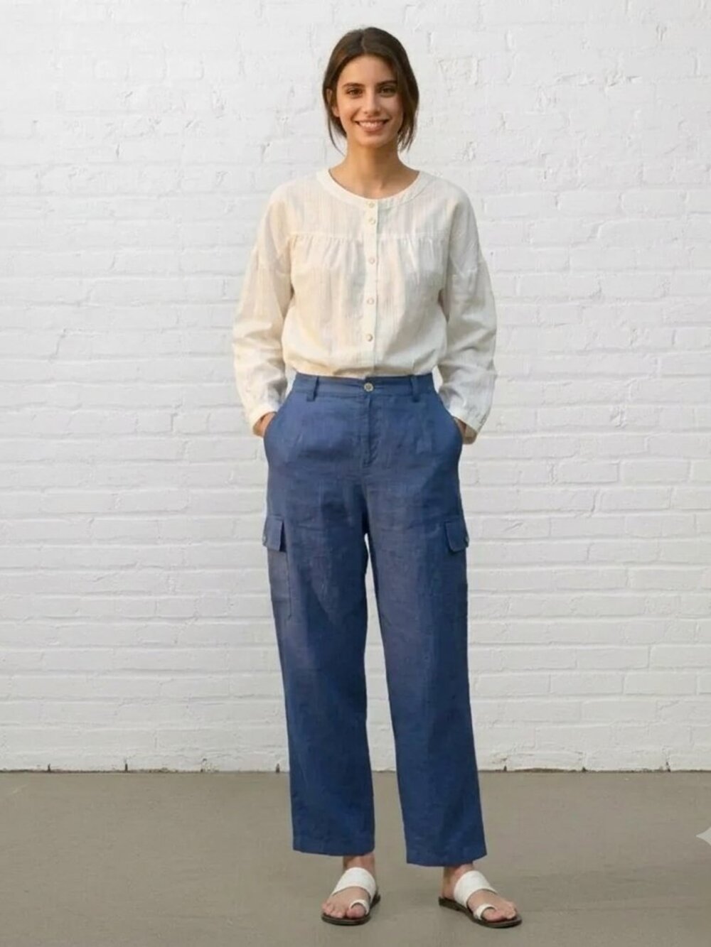 Kate Hill Linen Cargo Pants Size 6 Navy Blue Wide Leg Utility Pockets